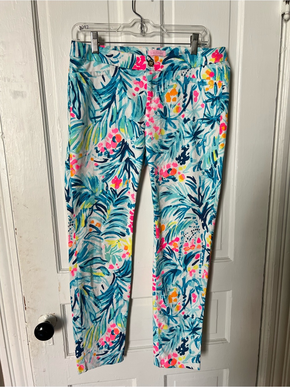 Lilly Pulitzer Tropical Print Straight Leg Pants in Blue, Pink, Yellow